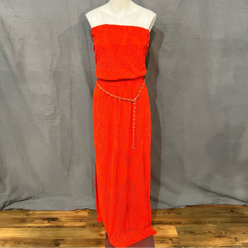 Chic Cashe Strapless Red Dress with Chain Detail
